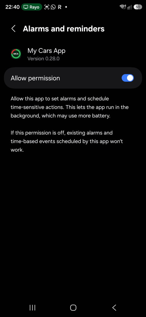 Alarms and reminders permission screen on Android