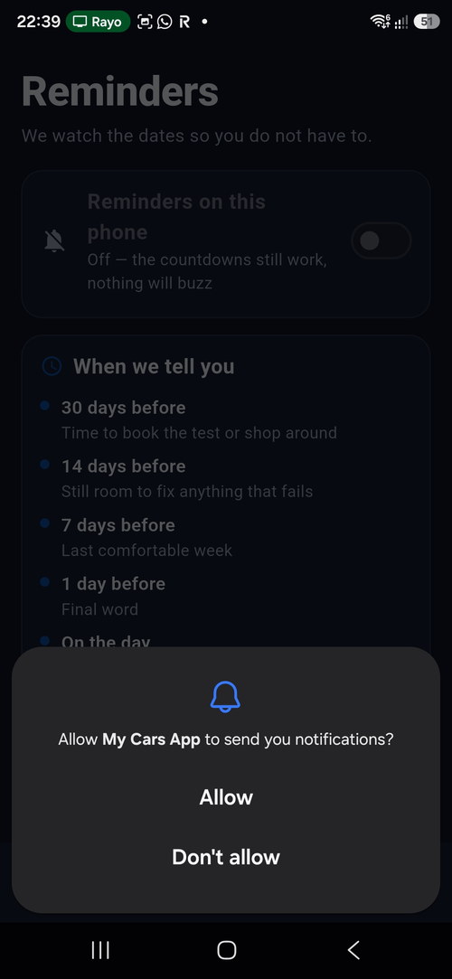 Allow My Cars App to send you notifications
