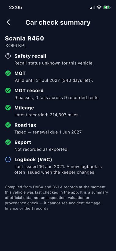 Car check summary showing recall, MOT, mileage, tax, export and logbook status