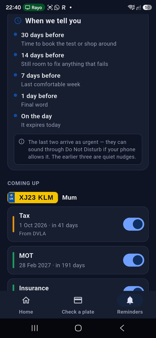Upcoming reminders listed per vehicle