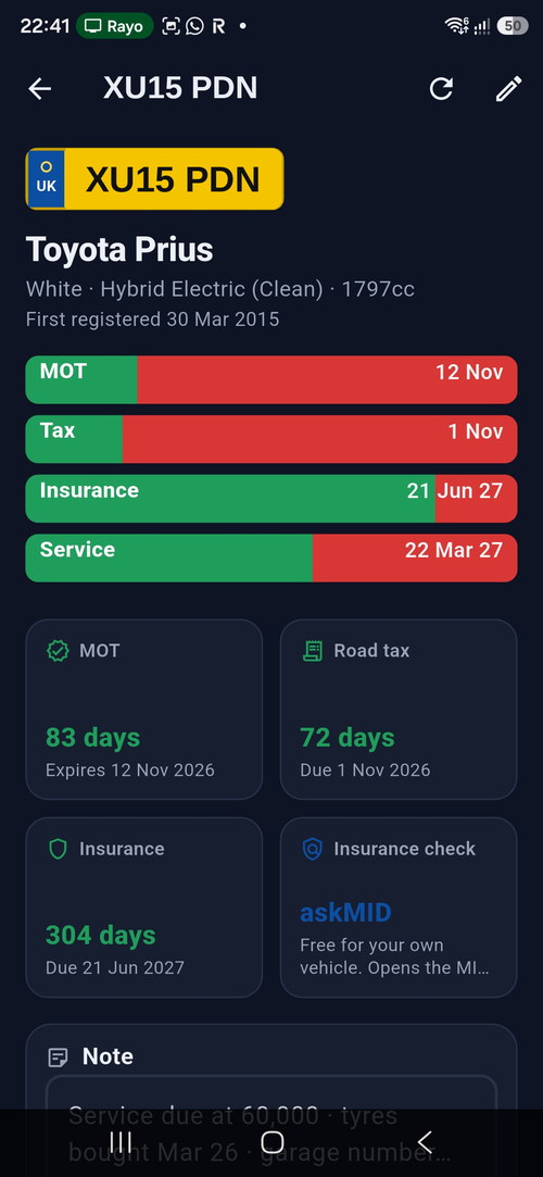Vehicle detail screen showing MOT, tax, insurance and service