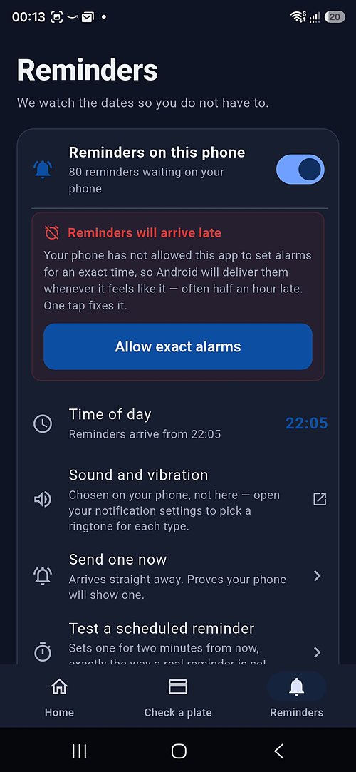 Reminders will arrive late, with an Allow exact alarms button