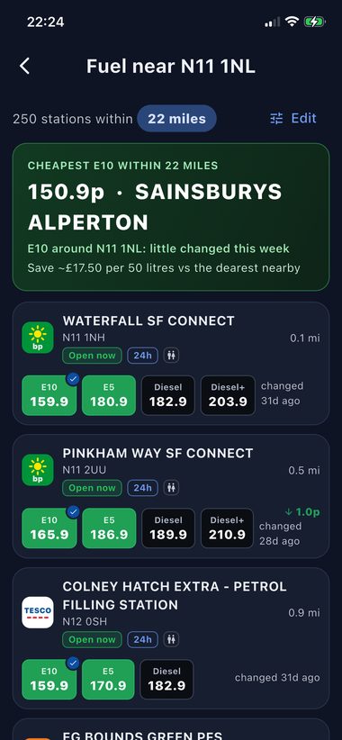 Fuel prices near a postcode, listed by station with the cheapest highlighted
