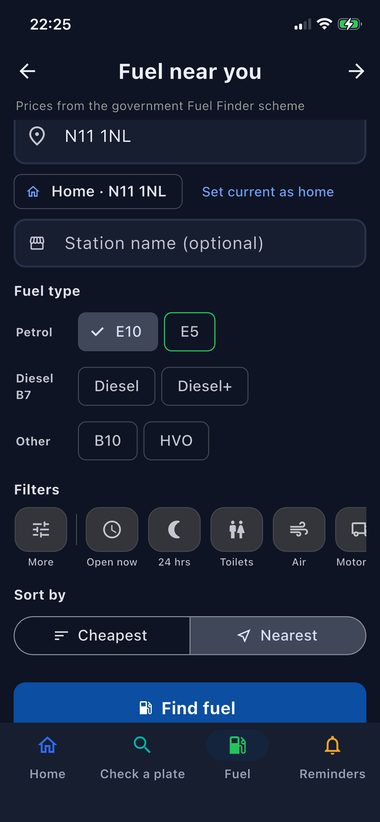 Fuel price search by postcode in My Cars App