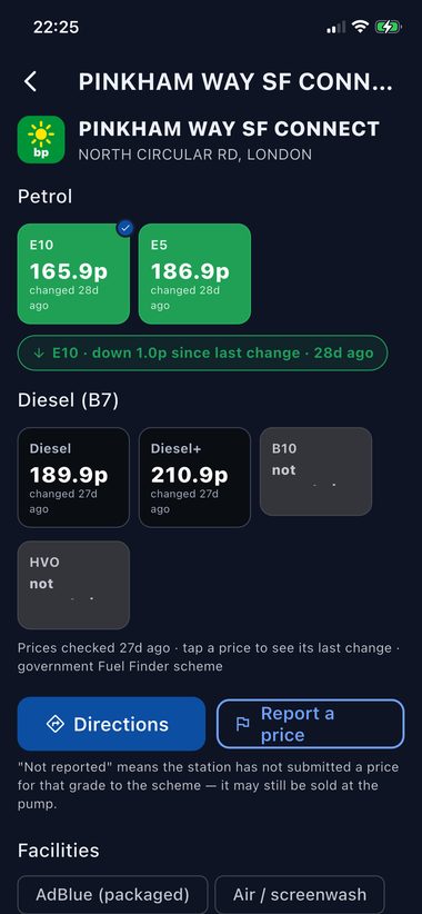 A single filling station with prices for each fuel grade