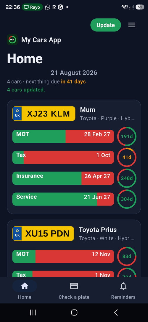 The Home screen of My Cars App showing MOT, tax, insurance and service dates for several vehicles