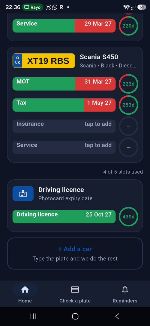 A Scania lorry saved in My Cars App alongside its annual test and tax dates