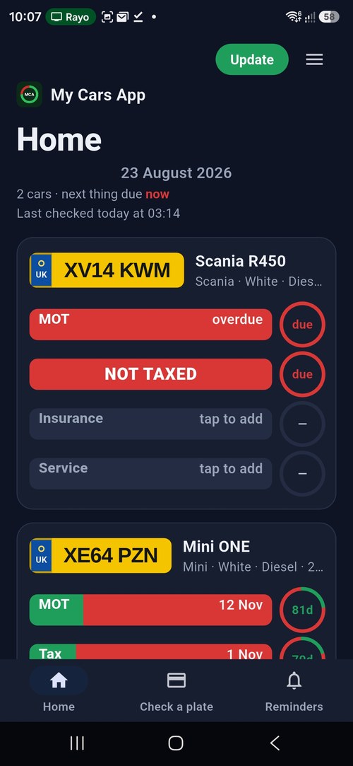 A Scania HGV in My Cars App with MOT overdue and NOT TAXED showing in red