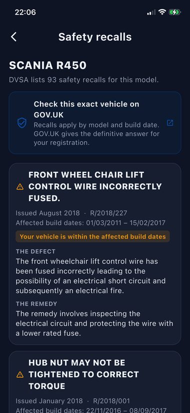Safety recall details showing the defect and the manufacturer remedy