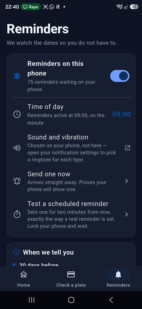 The reminders screen showing when notifications are sent