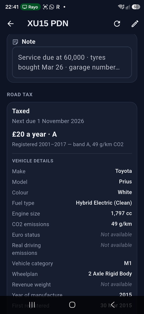 Road tax status, the annual cost and full DVLA vehicle details for a car